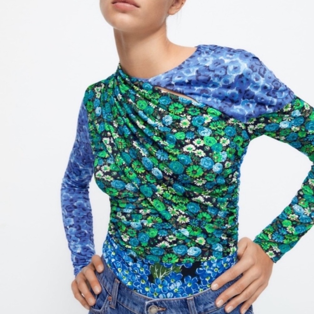 Zara Blue and Green Vibrant Patchwork Floral Wrap Blouse